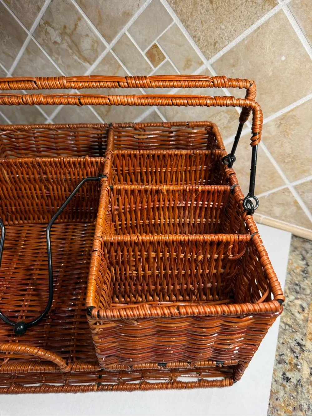 Wicker Basket Caddy / Organizer for Picnic or Tabletop with 7 Compartments